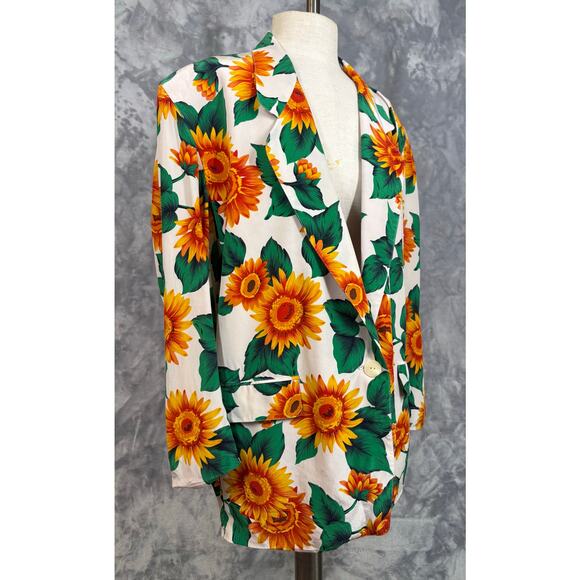 Vintage Sunflower Print Silk One Button Blazer S Sanyo 90's Work Casual Career - Picture 5 of 11